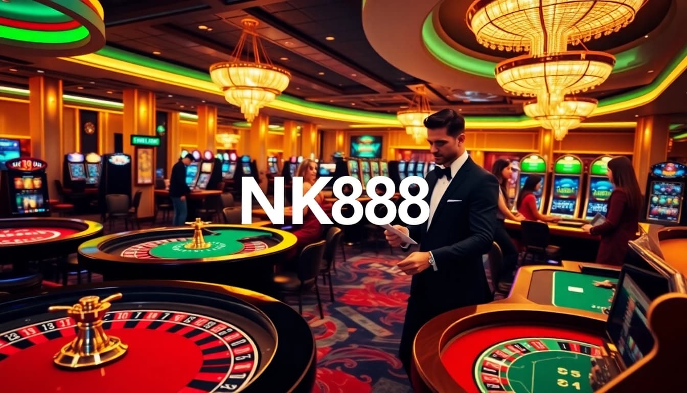 Players enjoying thrilling casino games at NK88, featuring roulette and poker tables.
