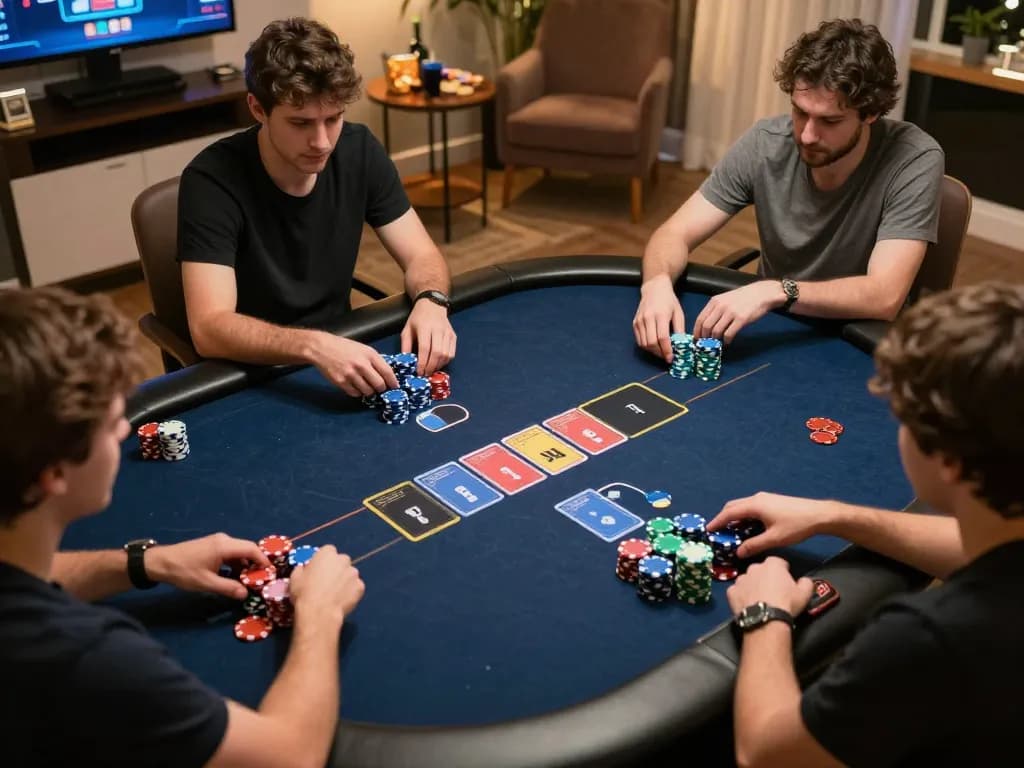 iwin club players immersed in online poker excitement with vibrant chips and community cards