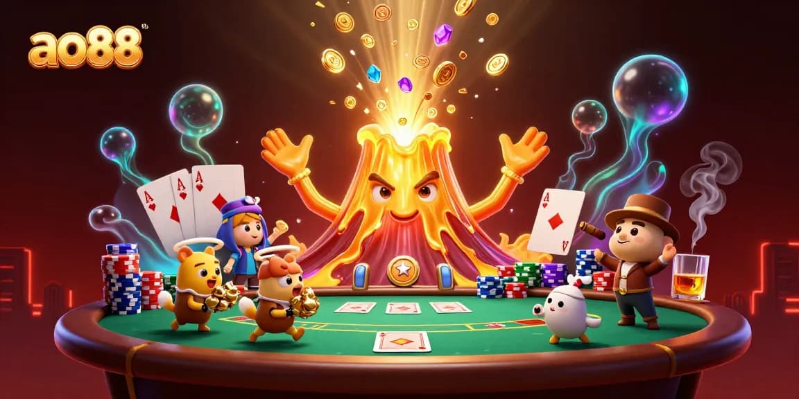 Discover thrilling gaming action at ao88 with a vibrant volcano, treasure, and poker elements.