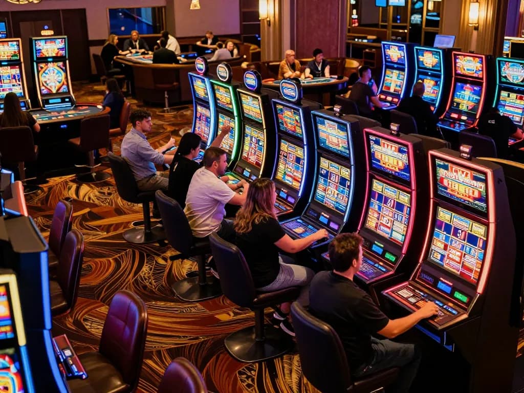 Players enjoying vibrant slot machines at MB66 casino, celebrating wins amid a lively gaming atmosphere