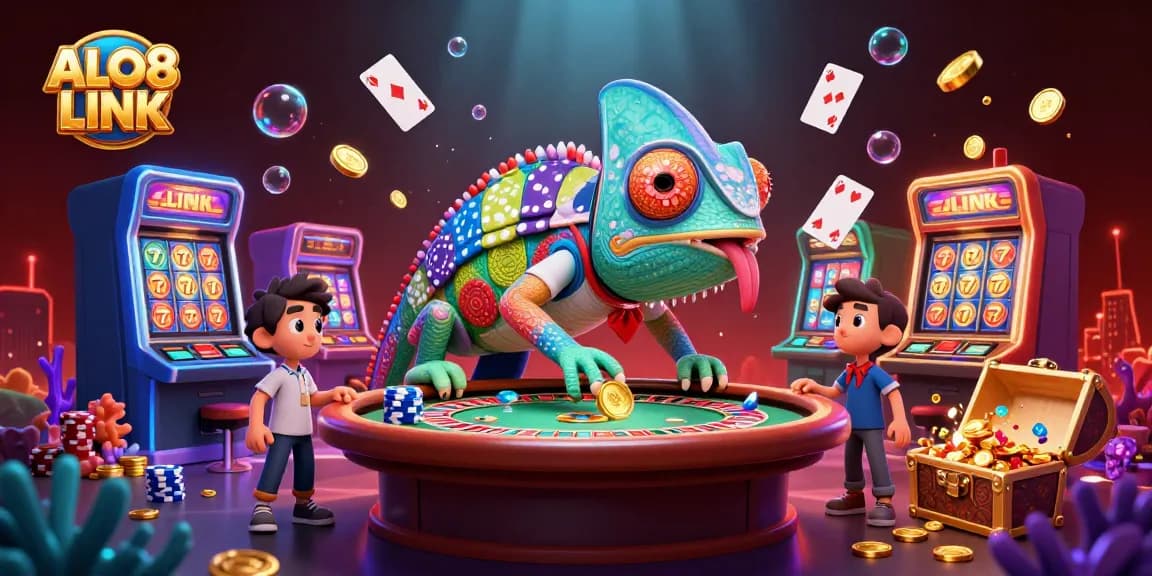 Engage with ALO8 LINK to experience a vibrant casino scene, where a colorful chameleon captures golden coins.