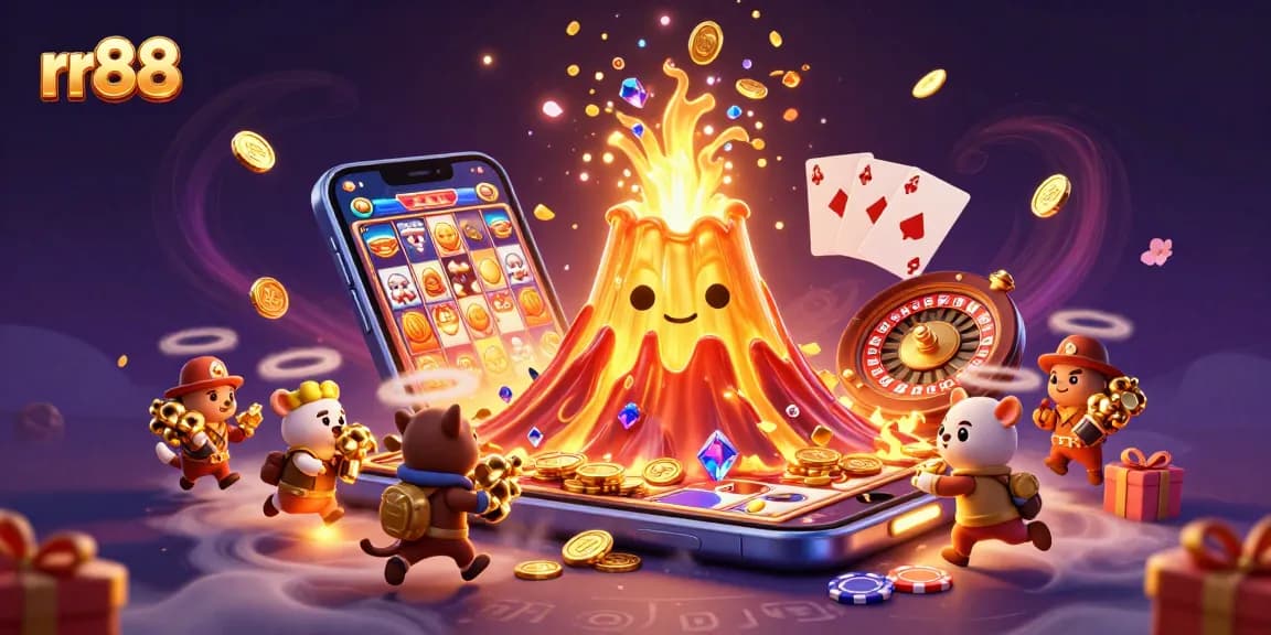 Experience rr88's thrilling casino action with a cartoon volcano erupting treasures.