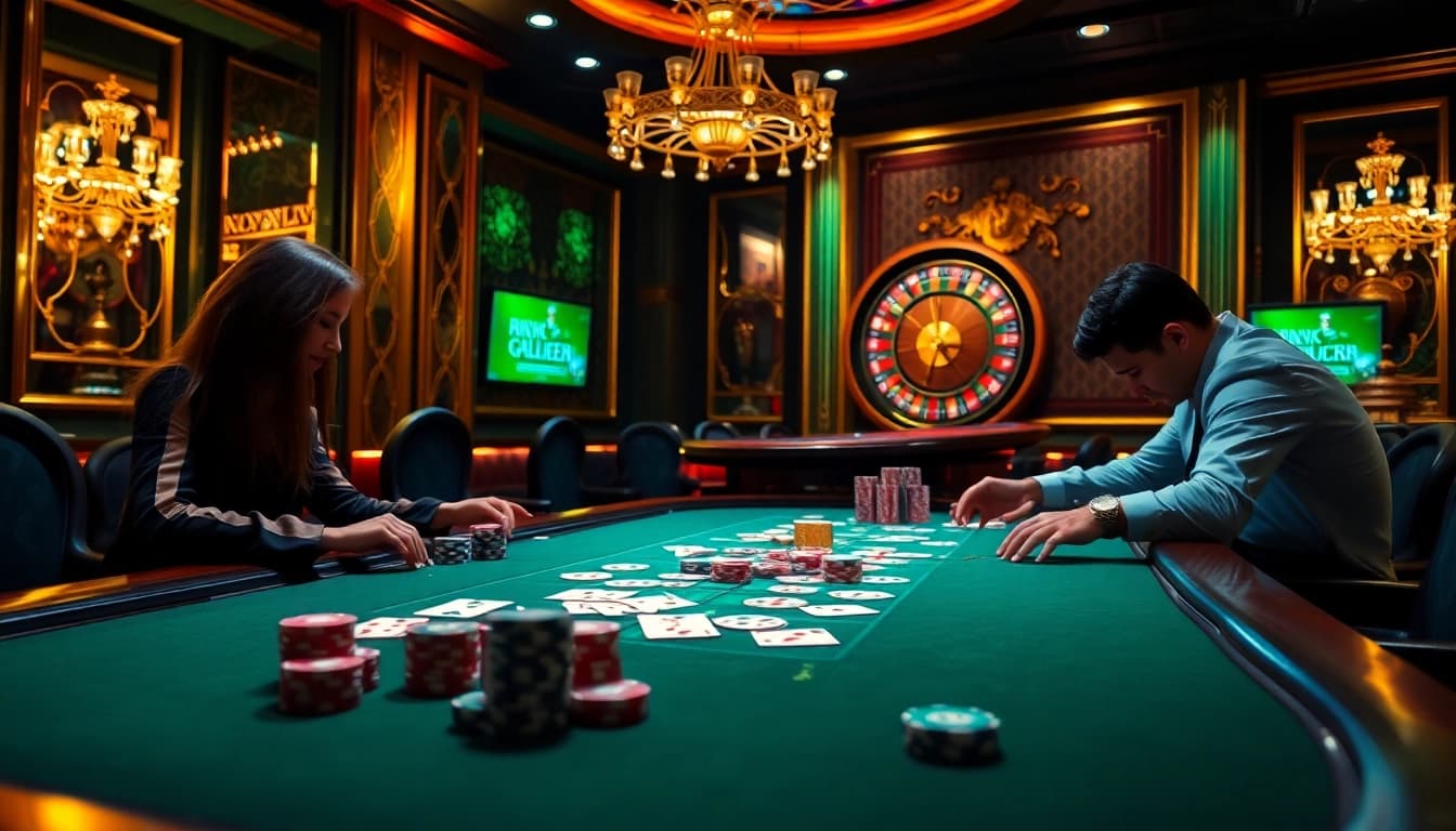 Engage in thrilling online gaming action at rikvip.gb.net with colorful poker chips and vibrant casino table.