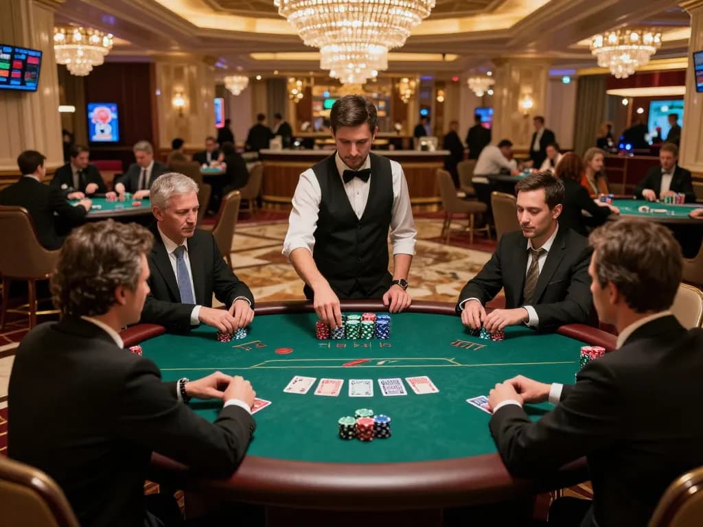 Players strategizing at a poker table in LC88 casino's luxurious setting.