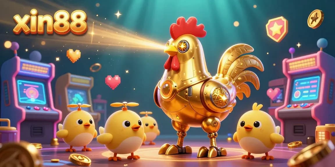 Engage with xin88's exciting gaming experience featuring a golden rooster robot and baby chick drones amidst vibrant arcade elements.