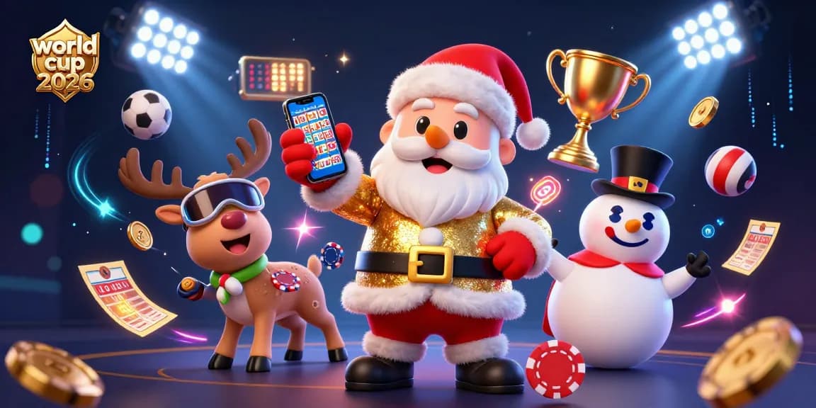 Experience thrilling strategies for world cup 2026 betting with cartoon Santa and friends in a lively casino scene.