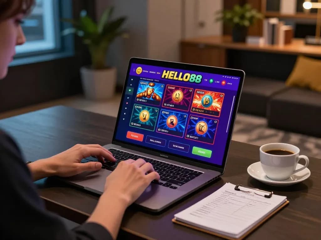Engaged player experiencing HELLO88 online betting with vibrant game interface on laptop, capturing excitement and strategy.