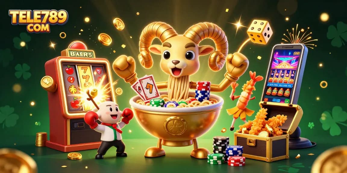 Experience the excitement of TELE789 COM with casino games and festive elements in vibrant 3D.