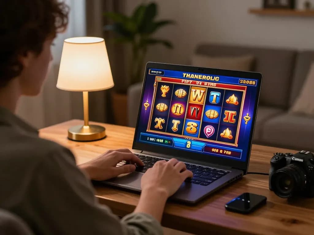 Experience thrilling gameplay at https://s666hn.com/ as a player enjoys engaging slot machines in a cozy home setting.