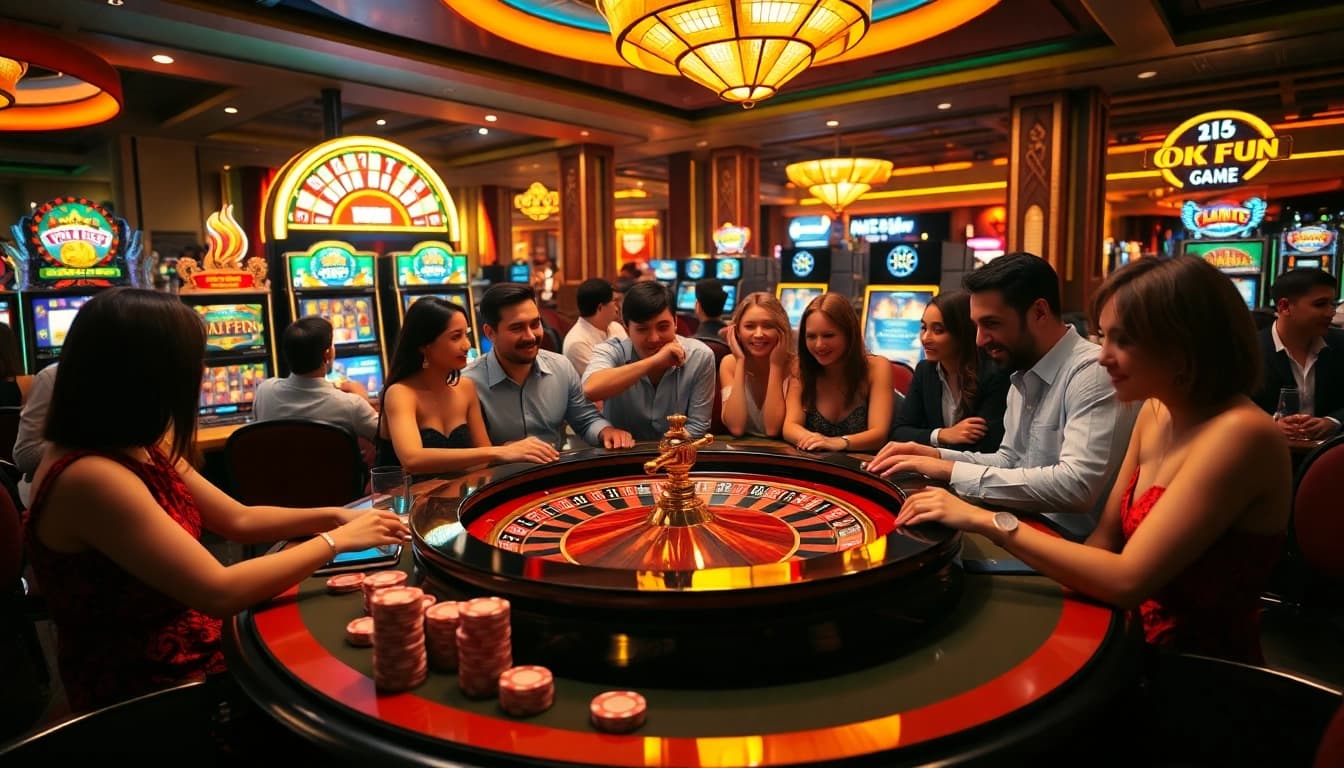 Experience the thrill of gambling on okfun with lively casino action showcasing diverse players and vibrant tables.