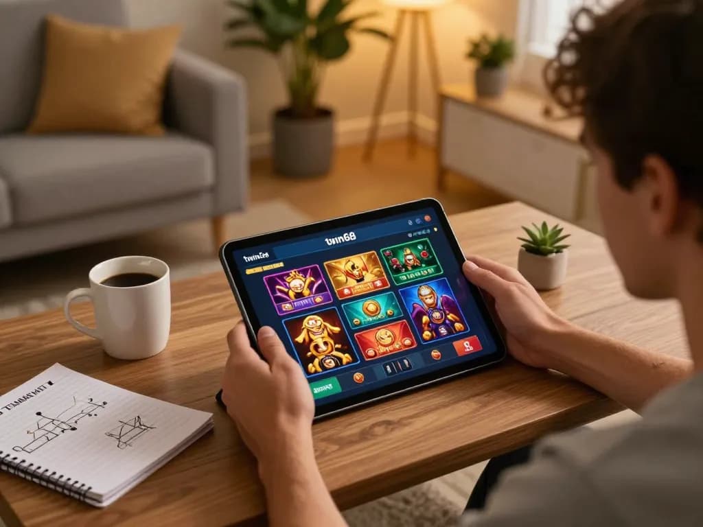 Twin68 app displayed on tablet during an online gaming session in a stylish home environment