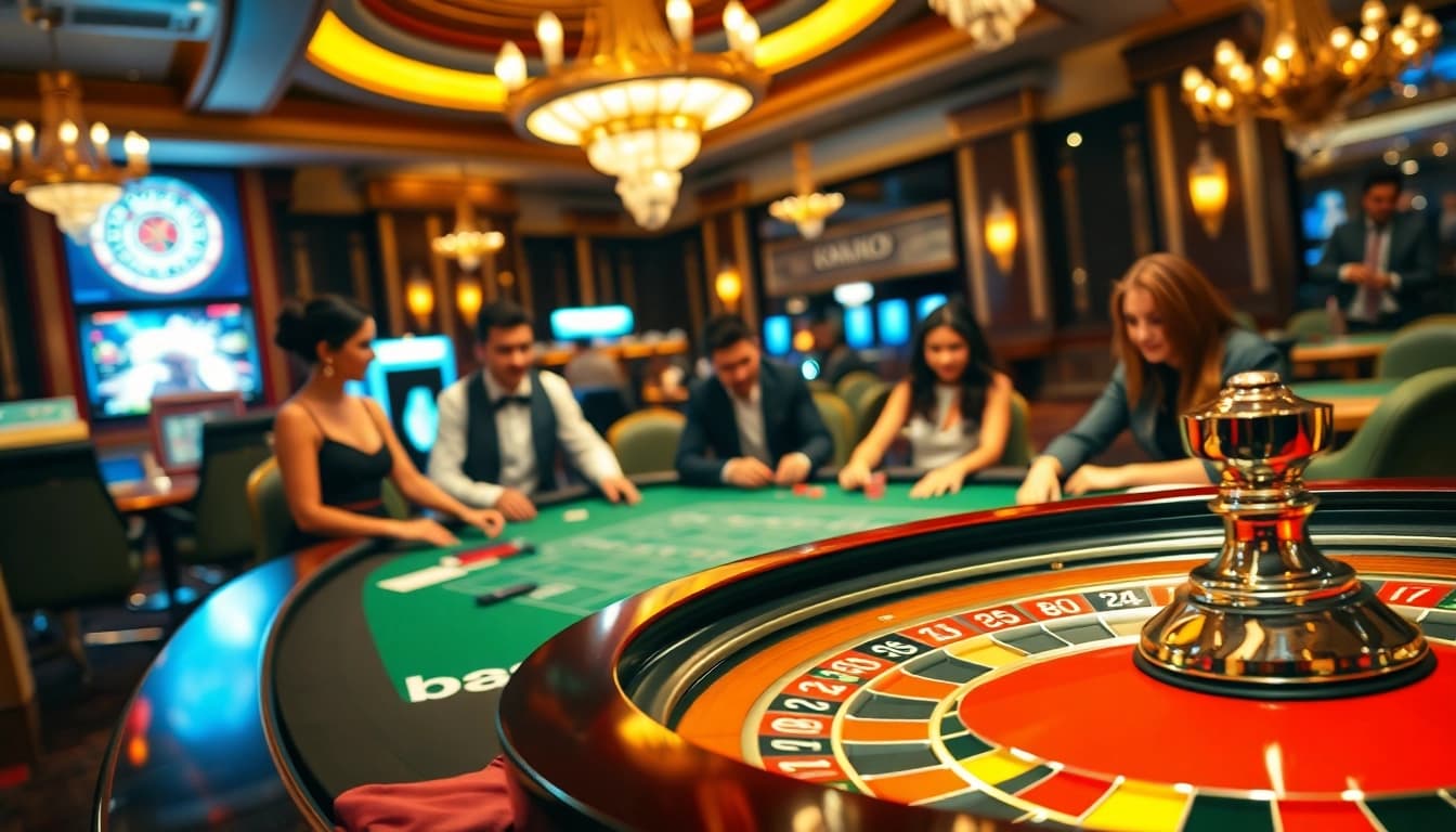 Excited players engage in betting at a luxurious casino, exemplifying bsport's professional gambling atmosphere.