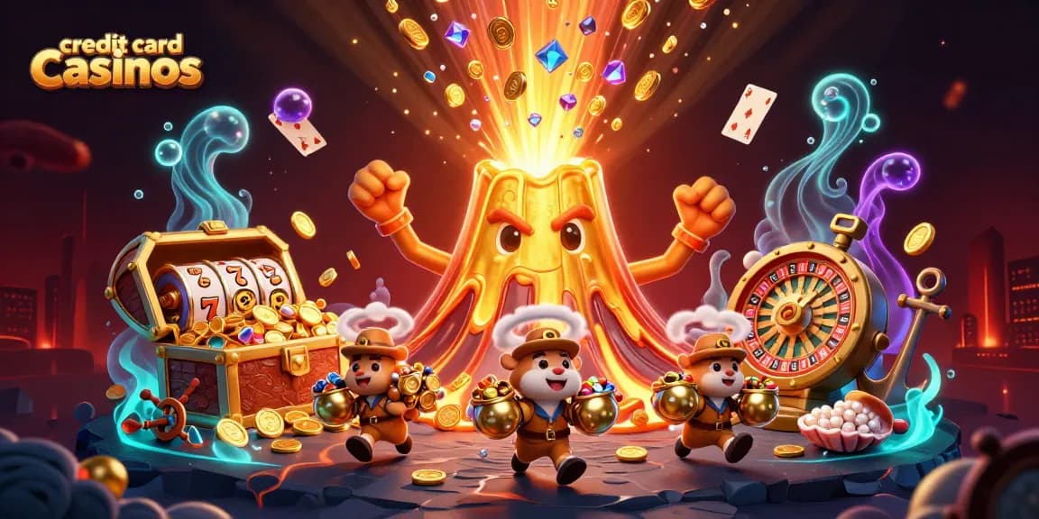 Experience the excitement of credit card casinos with treasures erupting and playful characters in a vibrant scene.