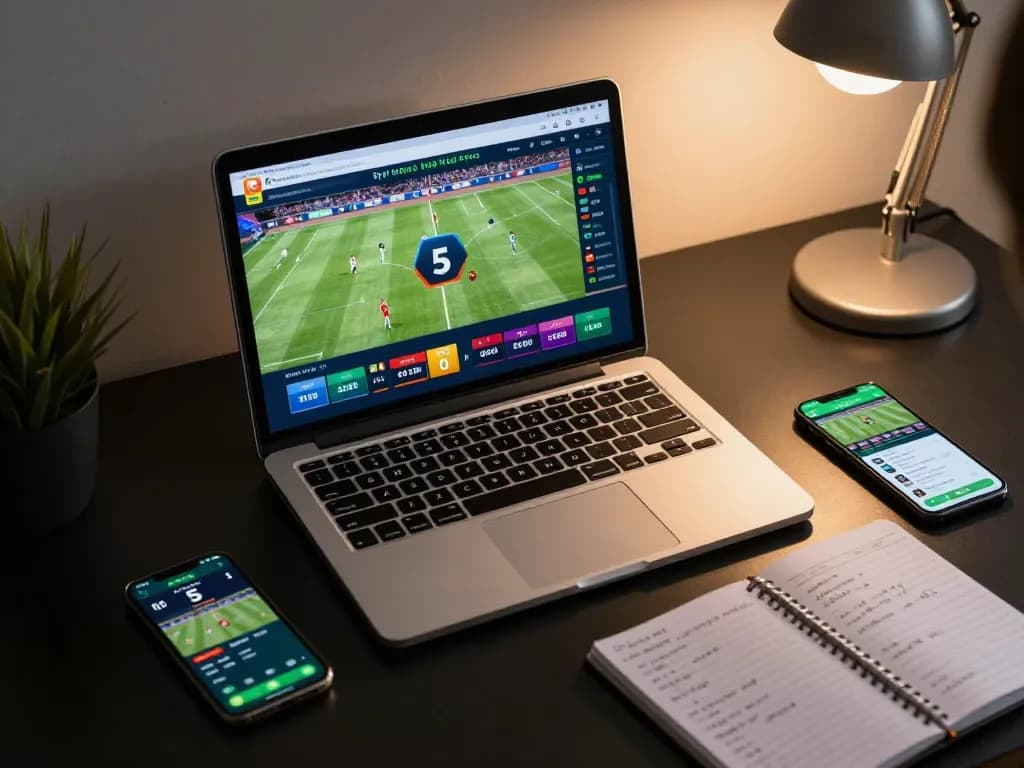 Tỷ lệ kèo nhà cái 5 illustrated with a dynamic online sports betting scene featuring odds interface and strategic notes.