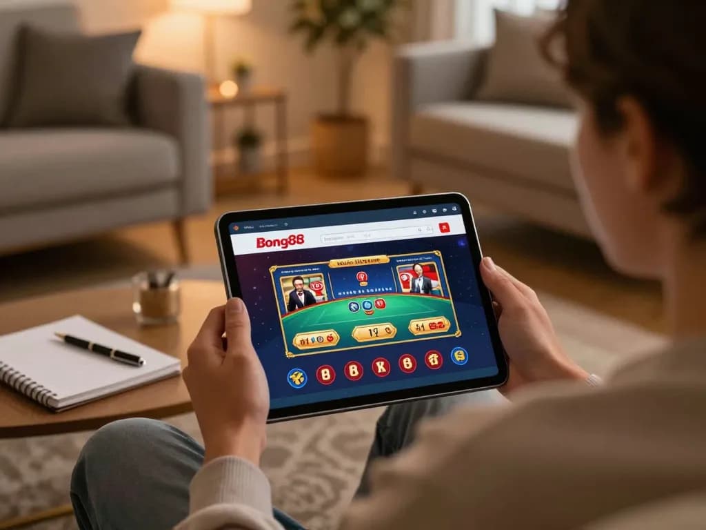 Bong88 user engaging with online casino games on a tablet in a cozy home setup.
