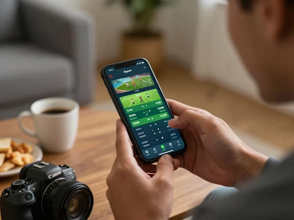 Engaging in live sports betting using the Bsport app on a smartphone in a cozy home setting