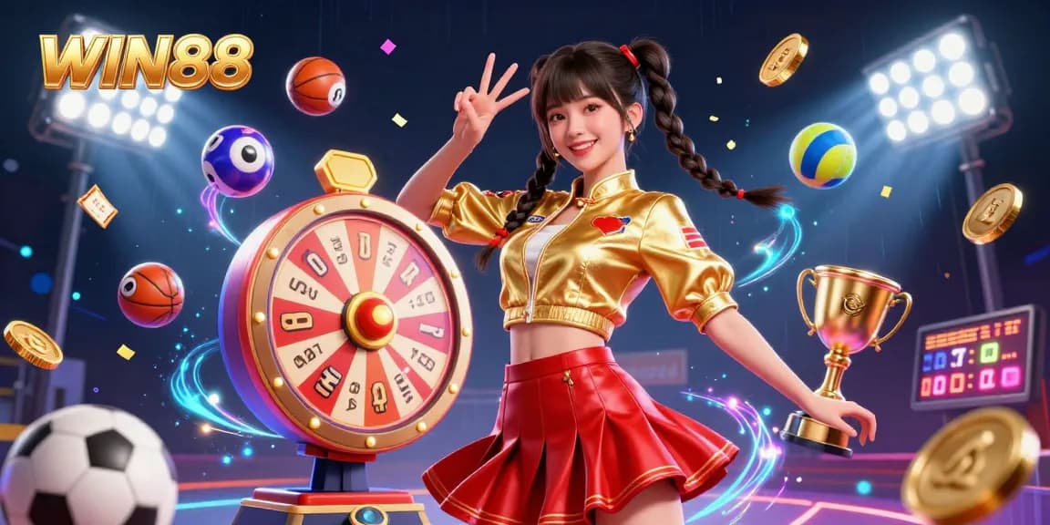 Engage with WIN88's thrilling casino adventures featuring vibrant lottery elements and a lively Asian character.