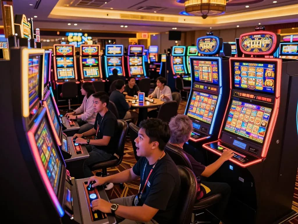 Activating slot gacor games in a colorful, vibrant casino with excited players engaged in gameplay.