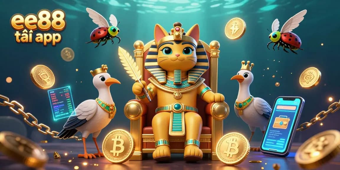 Engage in the vibrant world of gambling with "ee88 tải app" showcased in an ultra-detailed illustration of an Egyptian-themed scene.