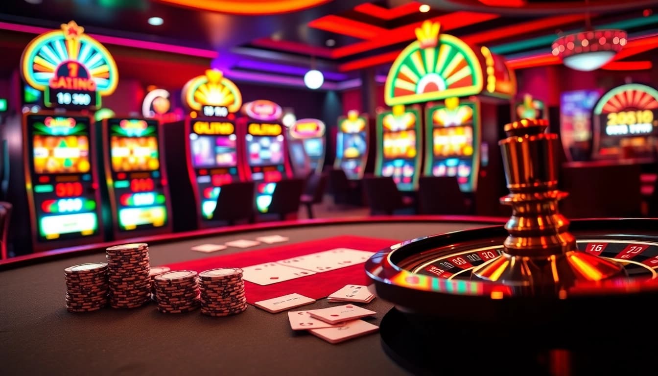 Experience the thrill of 98 win at a vibrant casino, featuring poker chips and exciting slot machines.