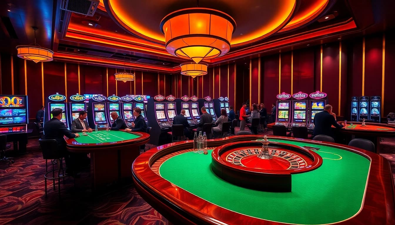 SODO casino scene featuring gamblers at poker tables and vibrant slot machines.