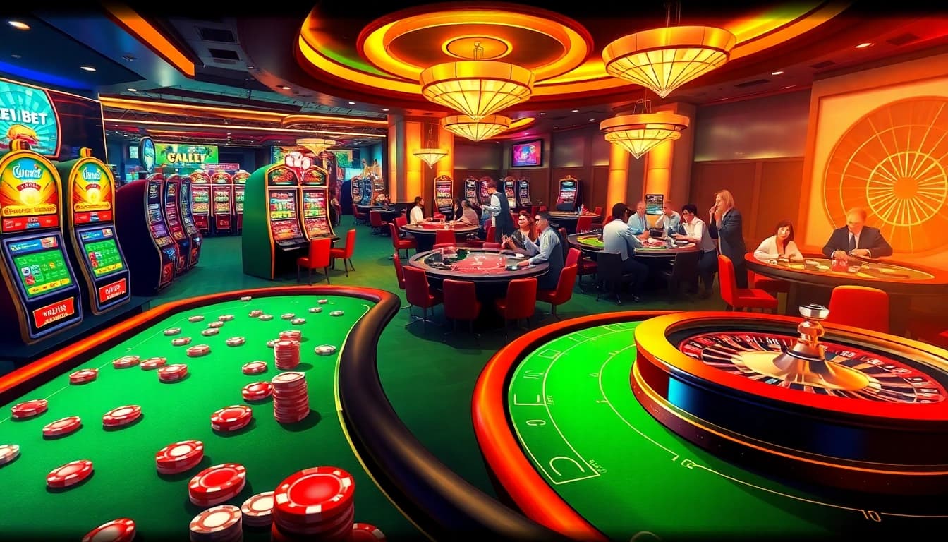 Players enjoying a thrilling game of De bet at a luxurious casino table with vibrant slot machines in the background.