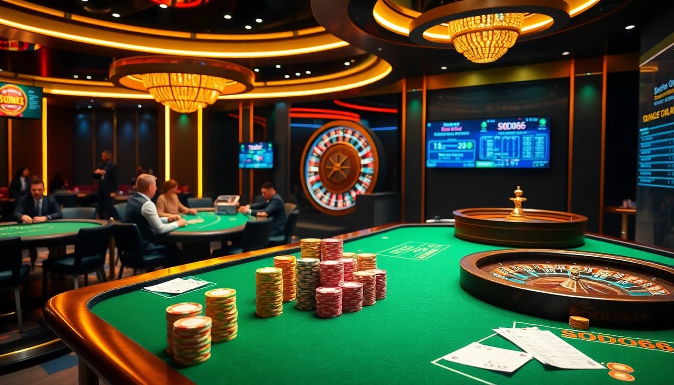 SODO66 casino tables with players engaged in poker and vibrant chips stacked.