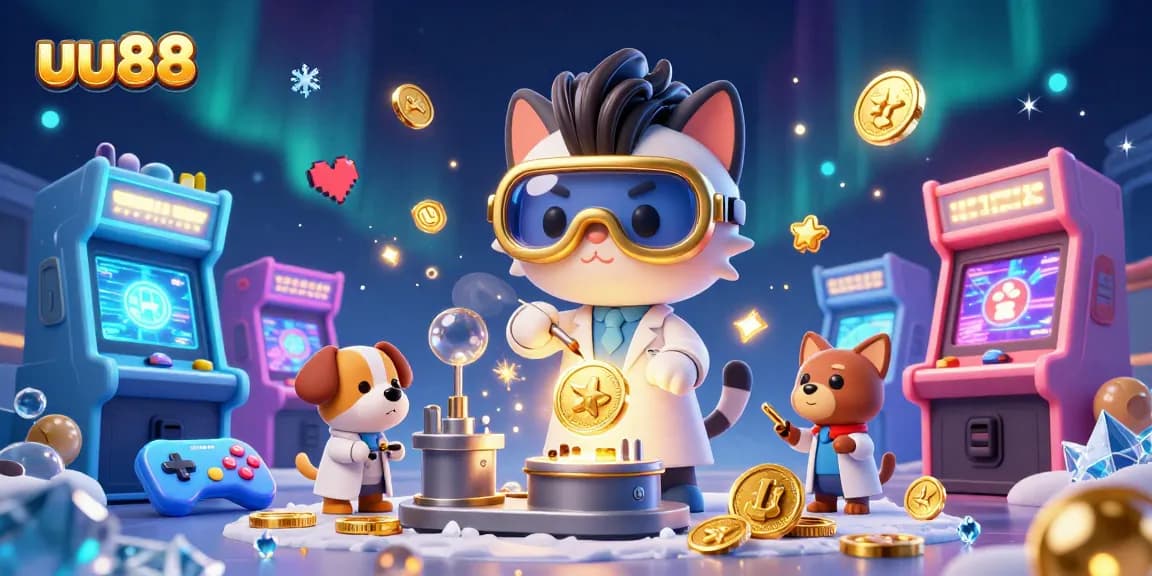 Play exciting casino games at uu88 with a vibrant 3D illustration featuring colorful arcade elements.