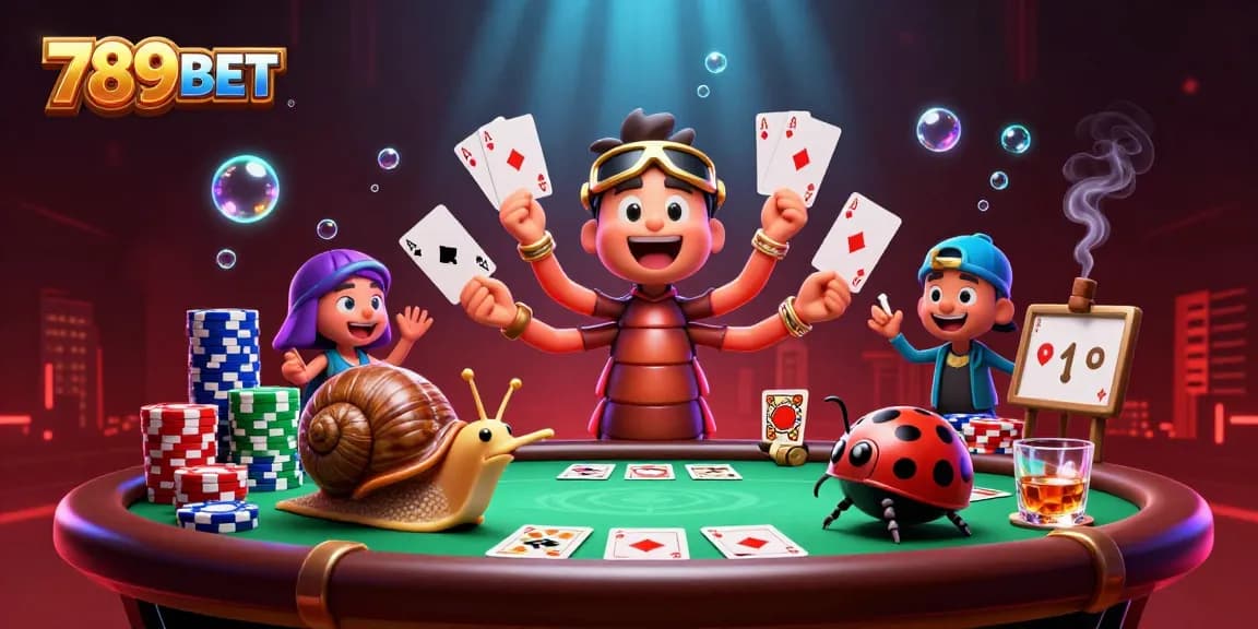 Engage with 789BET as the cartoon dealer orchestrates a vibrant poker game full of excitement.