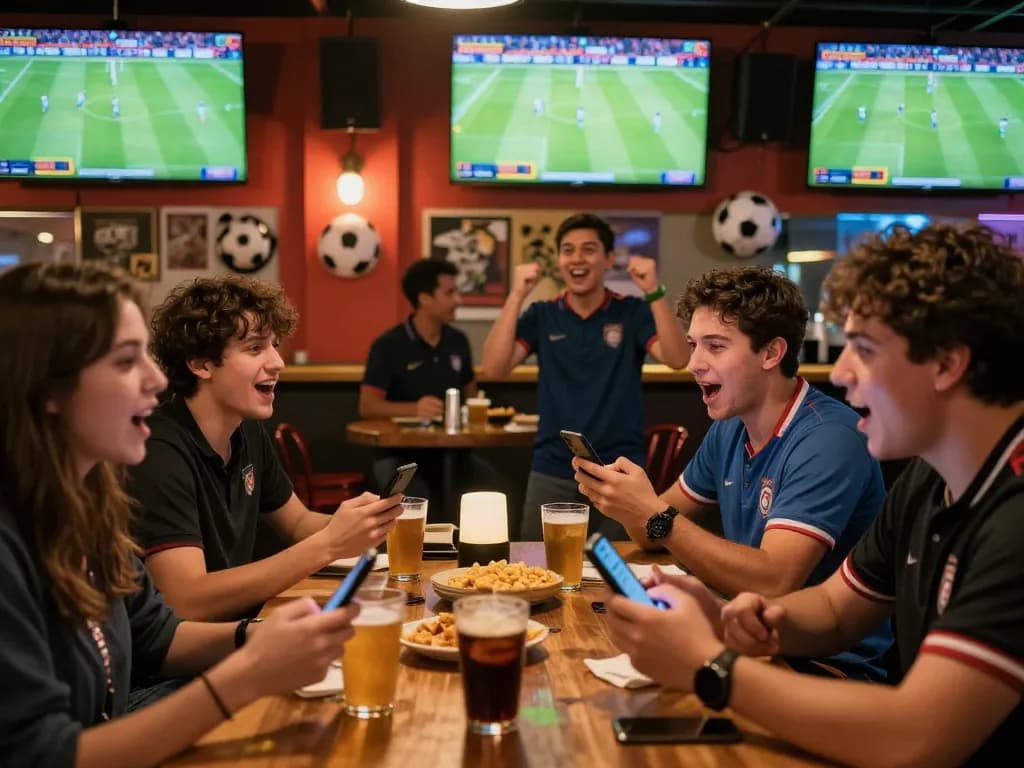 Fans placing football bets in a lively sports bar during an exciting match.