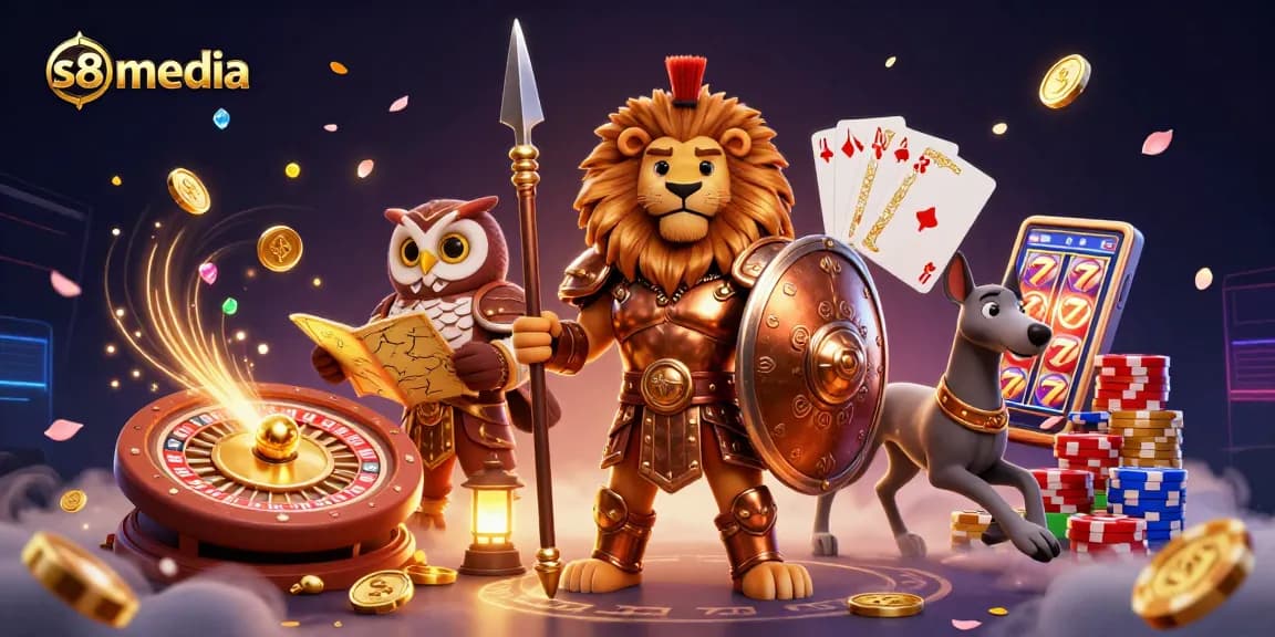 Play with s8media's epic 3D casino scene showcasing a Spartan lion, tactical owl, and swift greyhound amidst golden coins and roulette excitement.