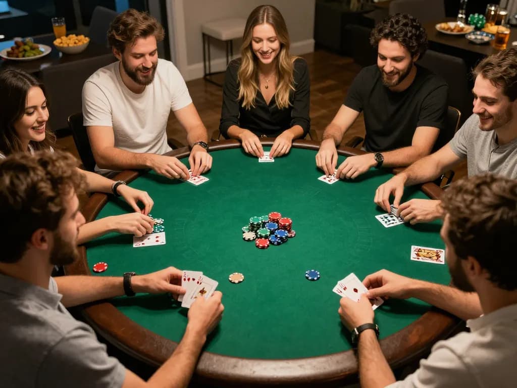 Engaged players enjoying a fun poker night at home, showcasing god55 community for casual gaming