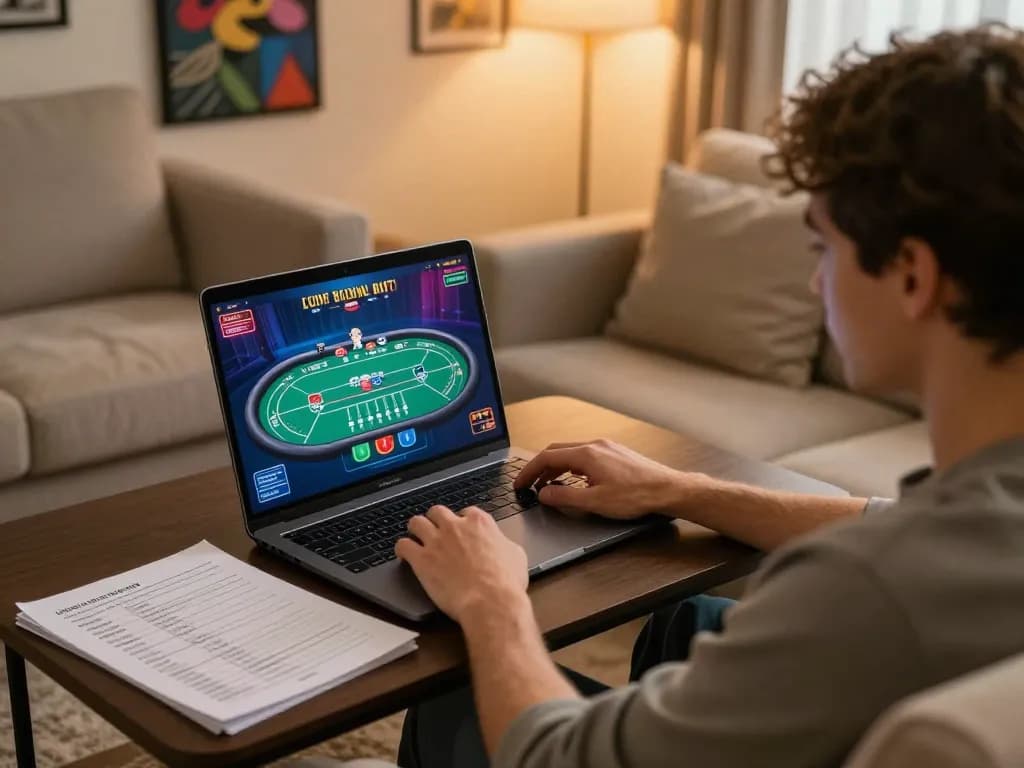 Engaging in online casino gaming with 789win platform at home, showcasing strategy notes and vibrant game interface.