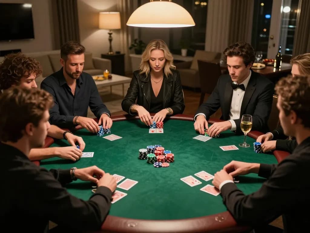 Friends enjoying a poker night at home, showcasing strategic gameplay with engaging elements, related to sc88.com.