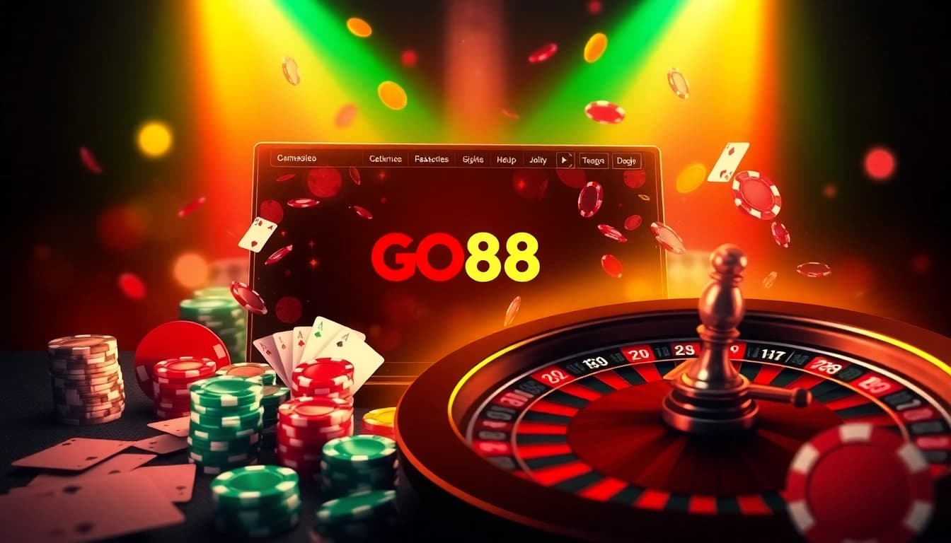 Experience the thrill of gambling with GO88 through an engaging online casino interface featuring poker chips and roulette.