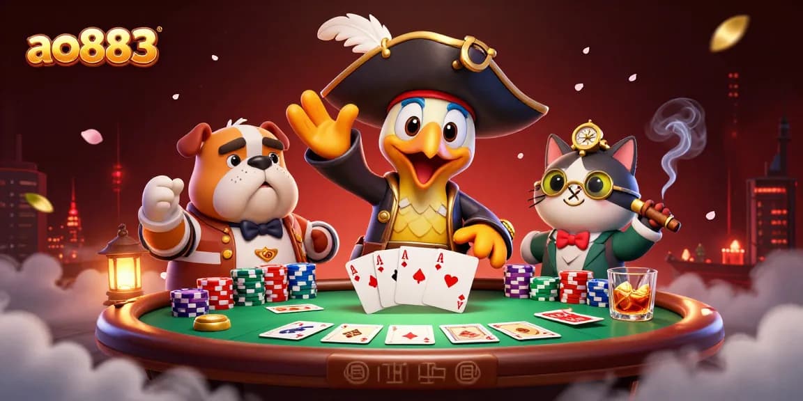 Engage with ao883's thrilling poker action featuring colorful chips and animated characters.