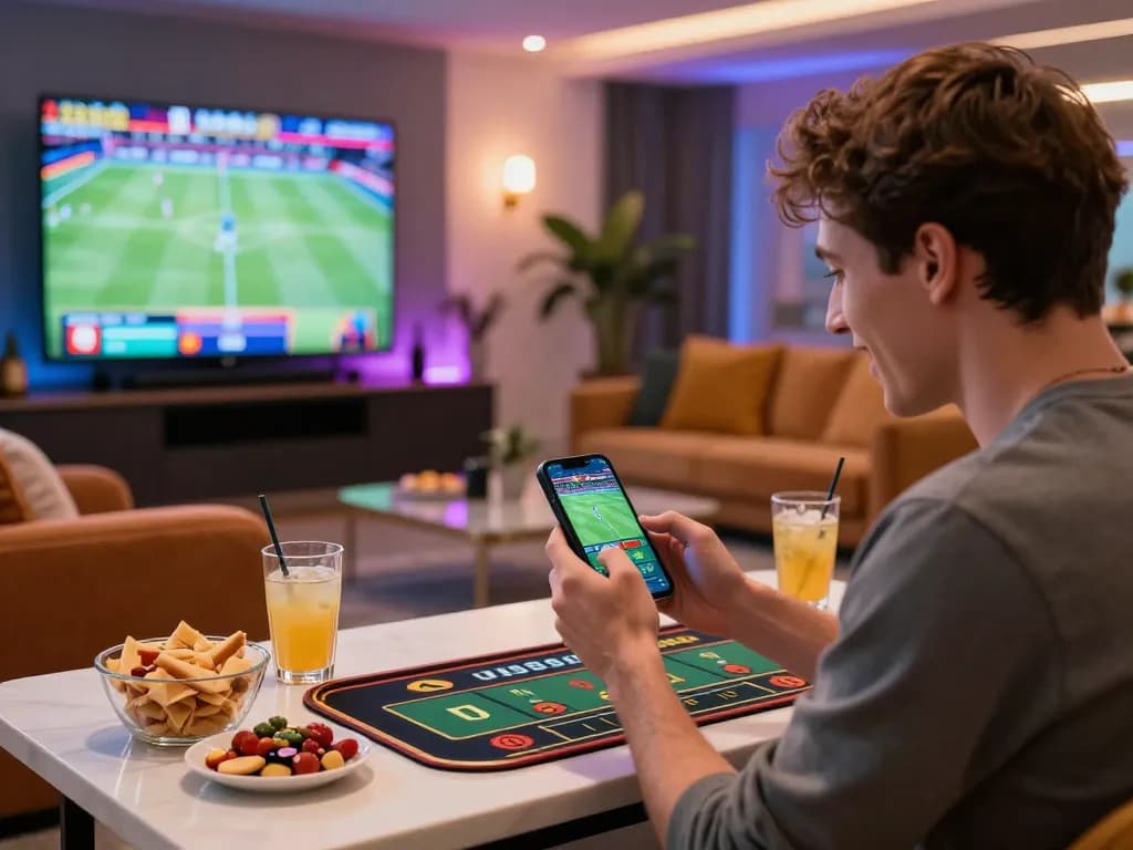 Exciting sports betting at xx88 with a player using a smartphone in a modern lounge atmosphere.