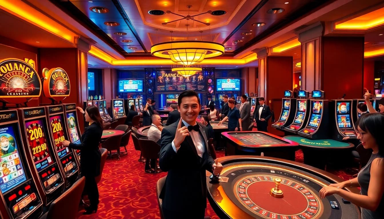 Gamblers enjoying the vibrant atmosphere at nhà cái 33win, with luxurious slot machines and poker tables.