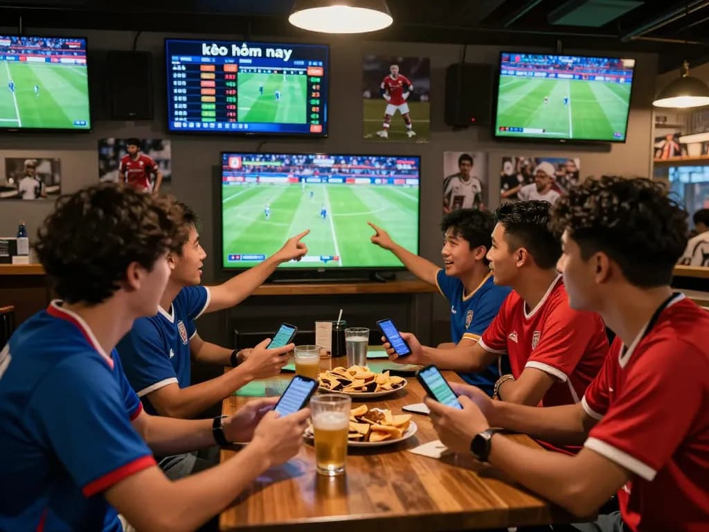 Excited friends discussing bets while watching kèo hôm nay in a lively sports bar.