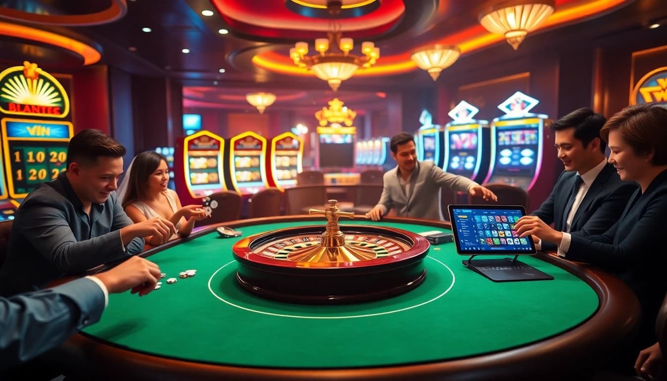 Experience the excitement of trang chủ 69vn at a luxurious casino table surrounded by players and action.