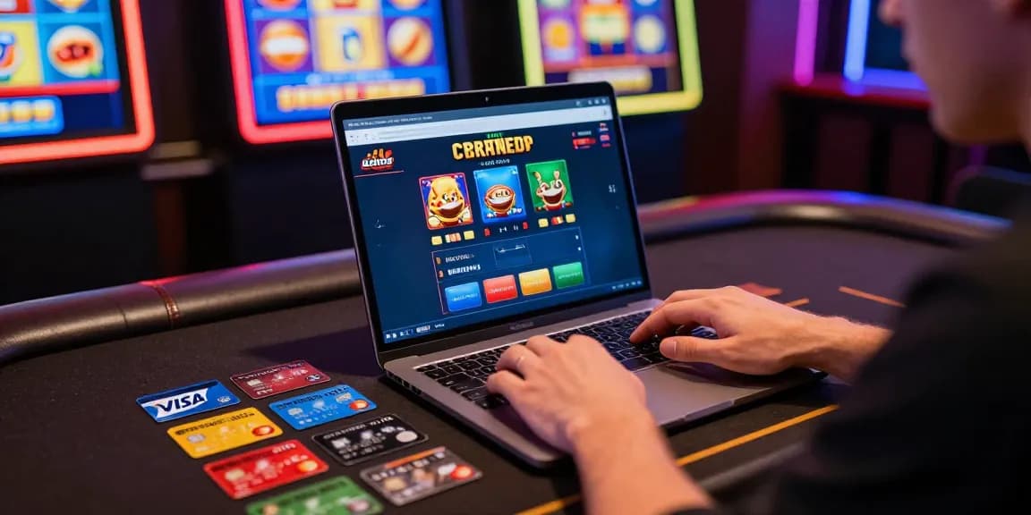 Player enjoying games at casinos that accept credit cards with multiple credit cards on the desk.