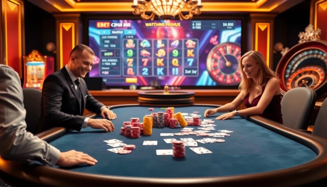 A vibrant online casino scene featuring lively games and exciting odds at https://e2bet-games.org, showcasing professional dealers and poker chips.