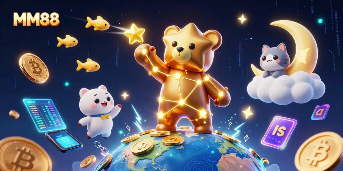 Immerse in the vibrant MM88 universe as the constellation bear scoops up coins amidst dynamic neon elements.