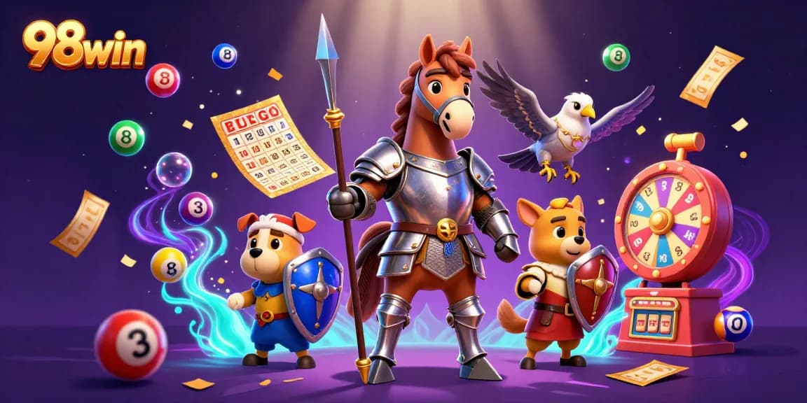 Engage in thrilling gaming with 98win as knights, a puppy, and a falcon celebrate amidst lottery elements.