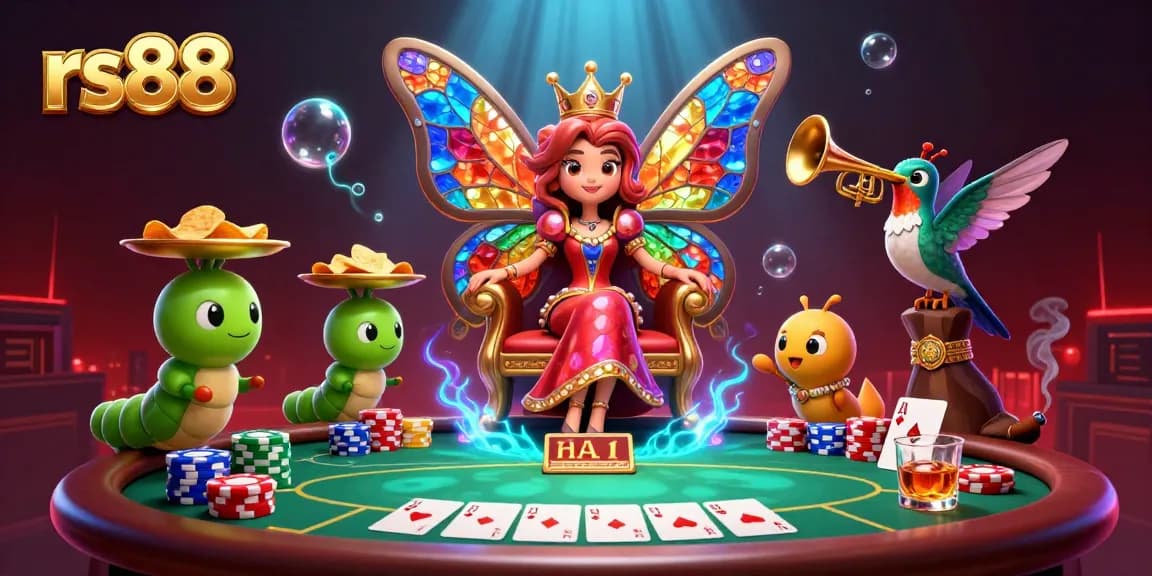 Engage with the vibrant scene of the rs88 online casino, featuring a colorful butterfly queen and poker action.