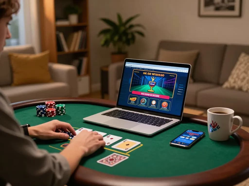O8 SOCIAL player engaging in online gambling at home with cards and chips visible.