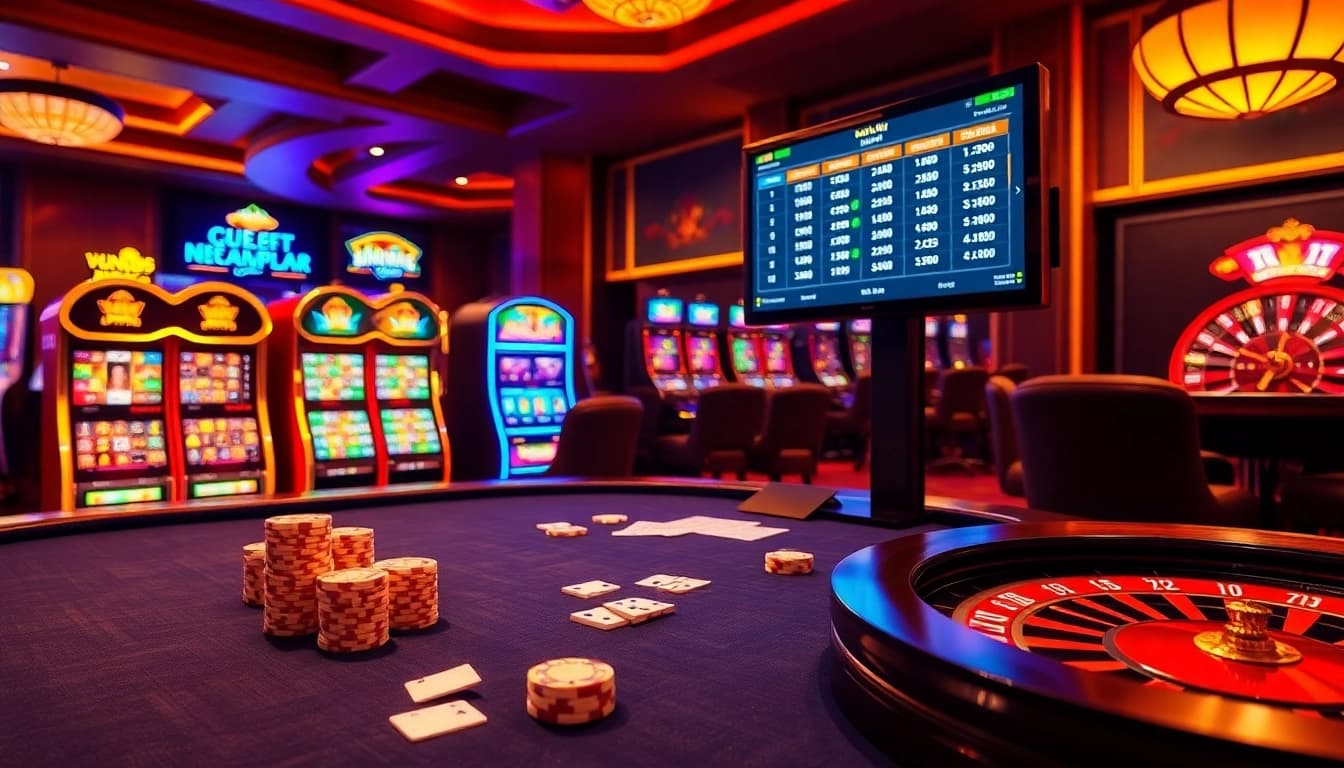 Experience high-stakes gambling with the vibrant gaming interface at https://56win.to/, featuring poker tables and slot machines.