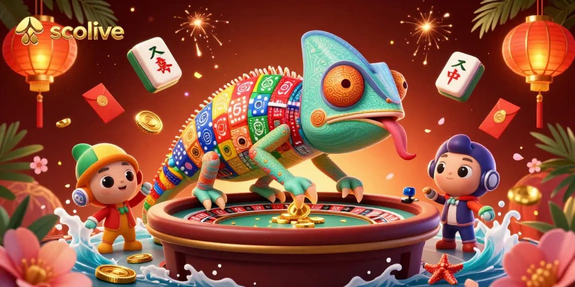Socolive brings vibrant energy to the online gambling scene with a dynamic chameleon owner and festive decorations.