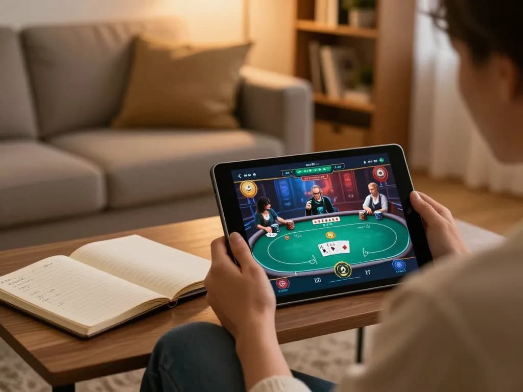 GK88 player strategizing poker tips on tablet in cozy living room.