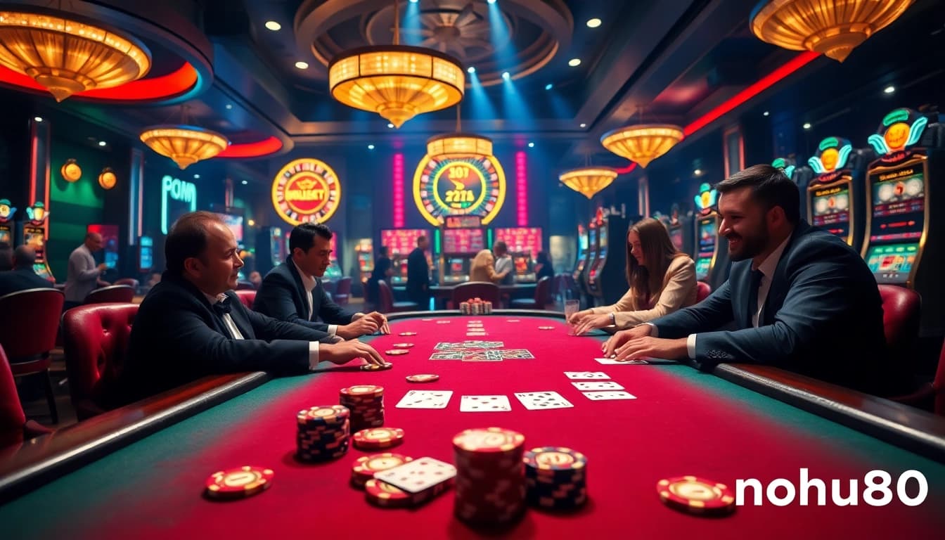 Experience the excitement of nohu90 at a luxurious poker table with vibrant casino elements.